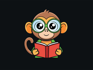 Cute cartoon monkey wearing glasses, reading a book