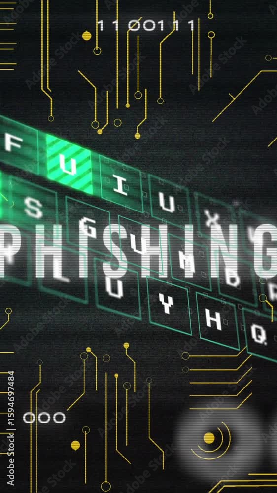 Poster animation of keyboard cutout on phishing text, binary code, glitch technique, circuit board pattern