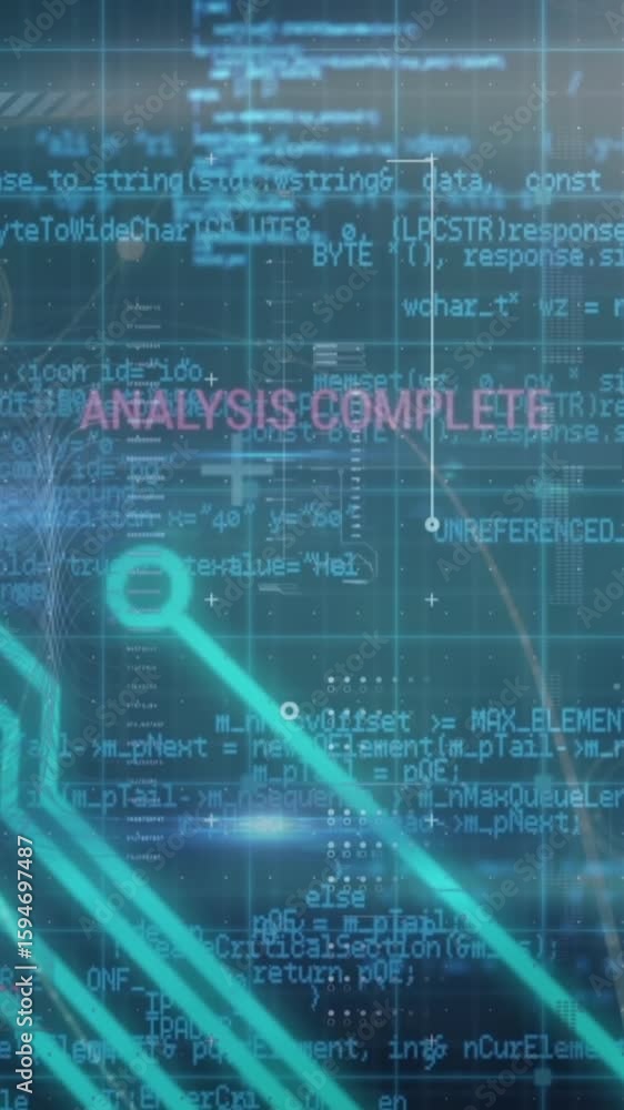 Poster animation of multiple words, programming language and circuit board pattern over abstract background