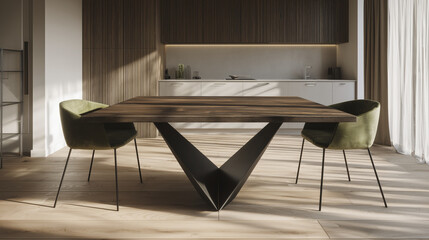 Modern dining table with dark wood top and unique V shaped black base in contemporary kitchen setting with two green upholstered chairs, natural light, and minimalist decor
