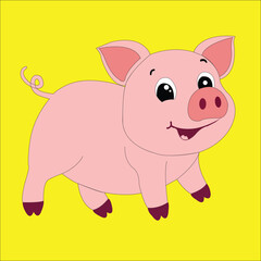 Cheerful cartoon pig with a curly tail and a happy expression