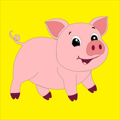 Cheerful cartoon pig with a curly tail and a happy expression