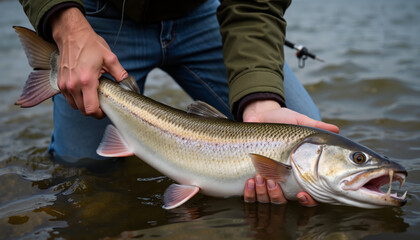 Obraz premium Angler holding large fish caught in shallow water by the river 