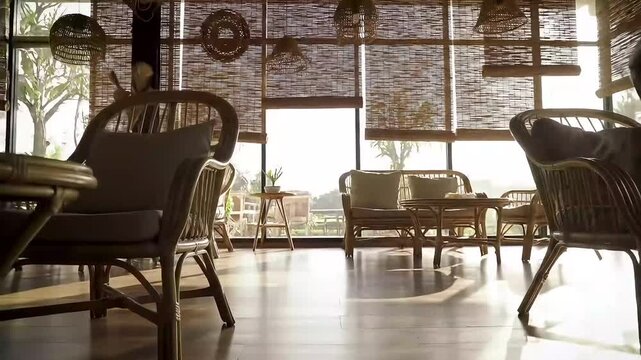 A sun-drenched room with wicker furniture and bamboo shades
