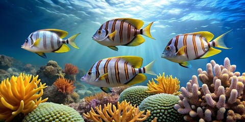 Striped fish swim gracefully amidst vibrant coral reefs, bathed in sunlight penetrating the clear ocean water, a picturesque underwater scene teeming with life