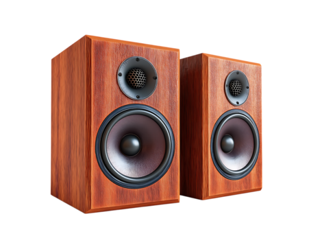 A pair of bookshelf speakers in a brown wood color isolated on a transparent background