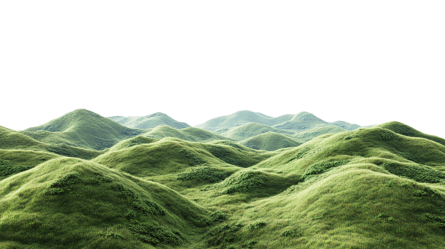 Majestic mountain landscape with green valleys on transparent background. PNG