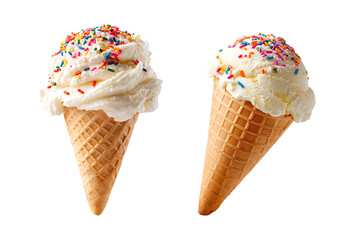Ice cream cone with sprinkles covered in vanilla ice cream isolated on a transparent background