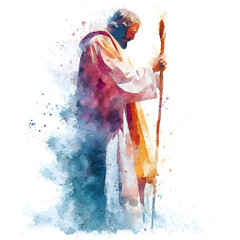 Watercolor Illustration of Shepherd with Staff - Religious, Biblical Art