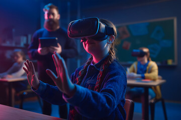 A child in a classroom uses VR goggles, exploring virtual reality while a teacher and other students engage with tablets and VR devices.