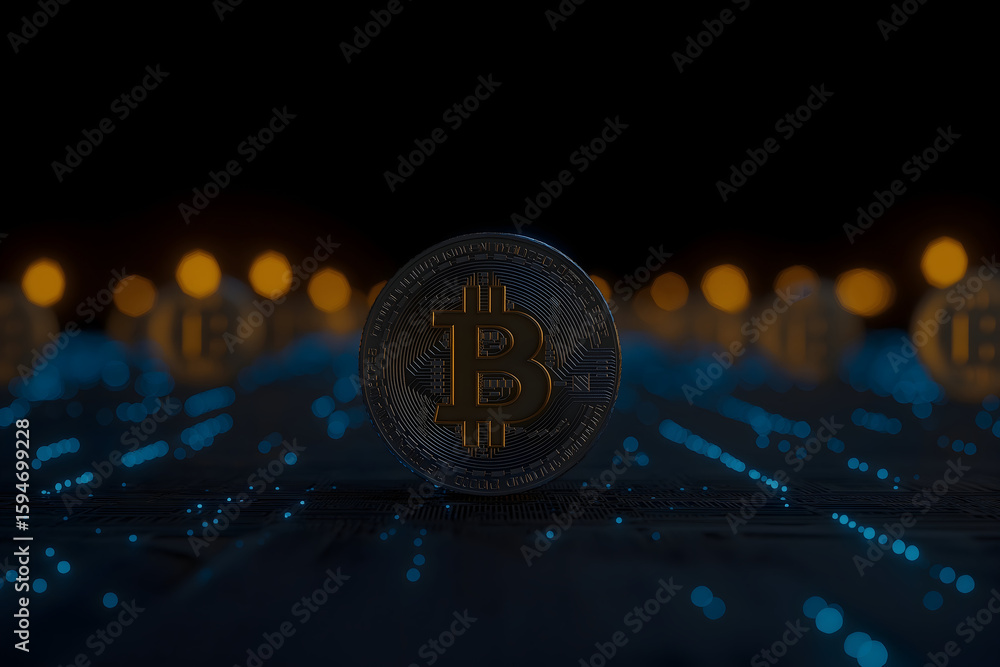 Poster a close-up of a glowing bitcoin symbol surrounded by digital circuitry and blurred bitcoins in the b