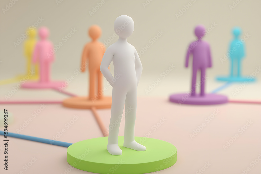 Poster stylized figures in different colors stand on connected circular platforms, representing networking 