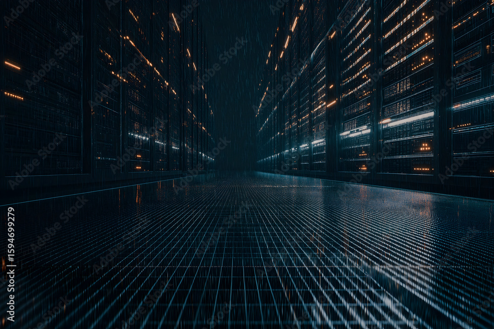 Poster a futuristic digital corridor with glowing lines and grids forming an immersive, high-tech tunnel of