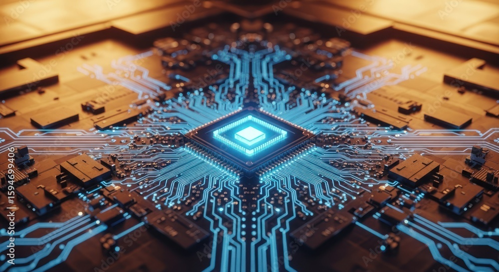 Poster illuminated cpu chip with glowing blue intricate circuitry