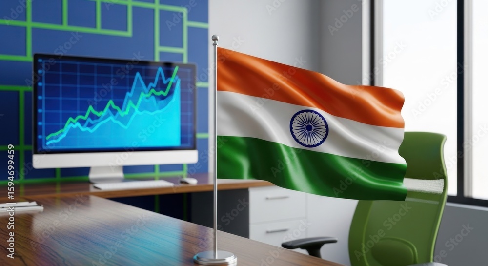 Poster indian flag by a rising graph on a computer screen