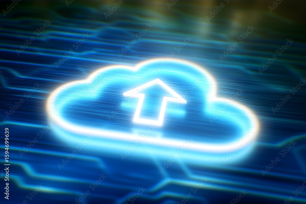Aufkleber a glowing cloud icon with an upward arrow above a blue circuit board, symbolizing cloud computing an