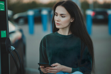 A young woman with long dark hair holds her phone while standing near a gas pump at a fueling station, looking thoughtful.