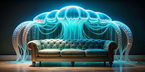 Elegant Chesterfield Sofa Beneath a Luminescent Jellyfish Canopy in a Dark Room