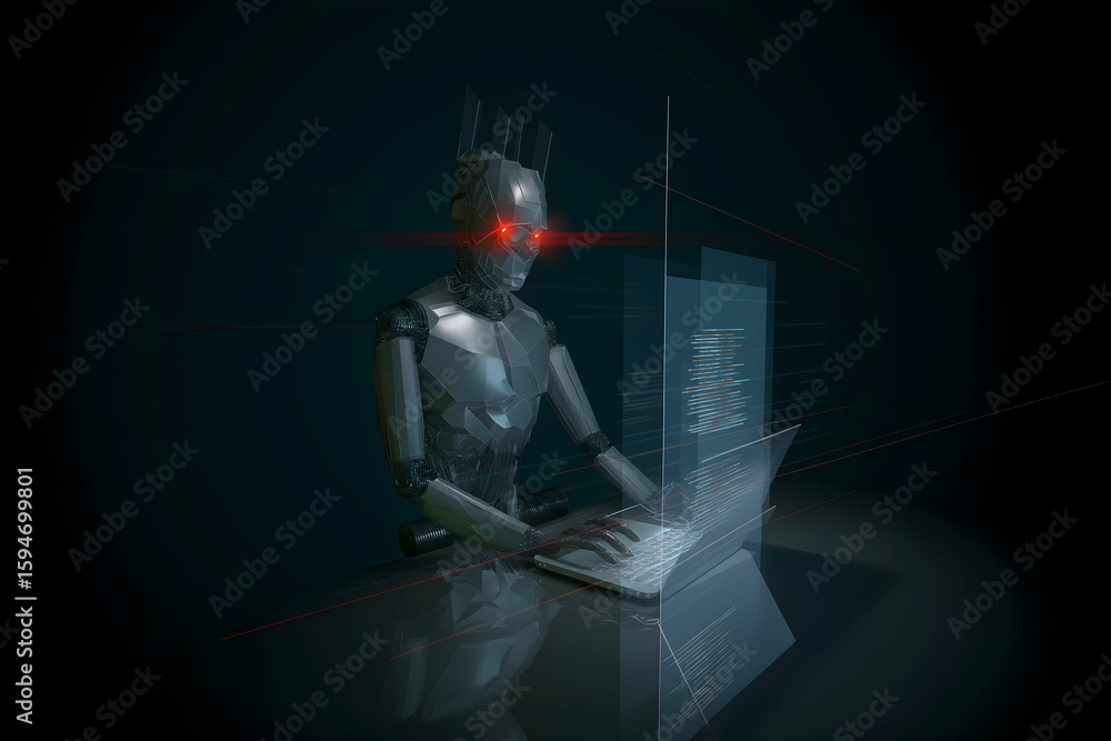Poster a futuristic robot with glowing red eyes types at a holographic keyboard, immersed in a dark digital