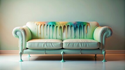 Pastel Sofa with Dripping Multicolored Glaze A Surreal Interior Scene