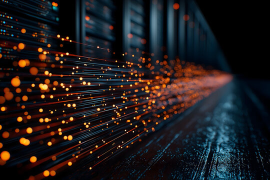 Abstract image showing glowing orange light trails streaming from a dark corridor, evoking futuristic data flow or fiber optic communication.