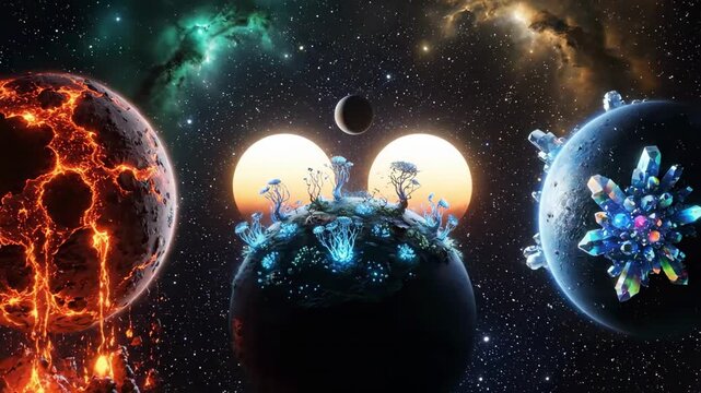 A vibrant cosmic scene featuring three distinct planets one with volcanic activity, another lush with alien flora, and a third adorned with crystalline structures, set against a starry background