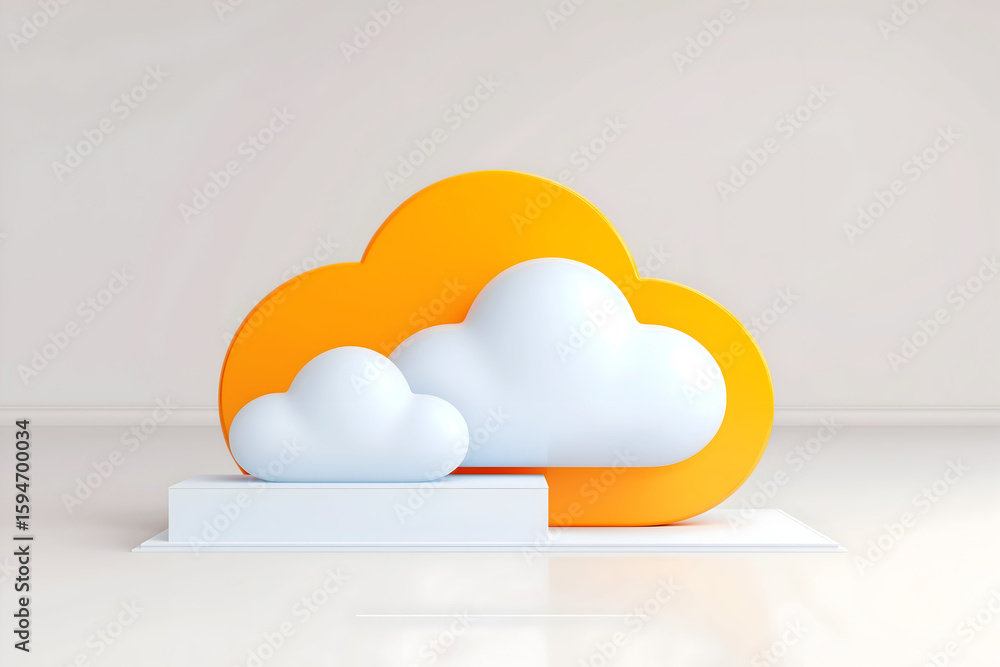 Poster a minimalistic 3d illustration of two white clouds in front of a large orange cloud shape on a white