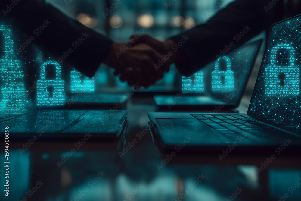 Poster two people shaking hands over laptops with digital padlock icons symbolizing cybersecurity and data 