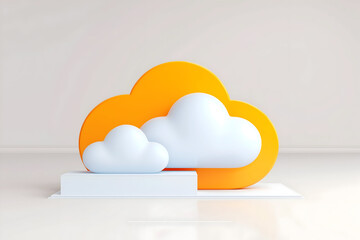 A minimalistic 3D illustration of two white clouds in front of a large orange cloud shape on a white platform.
