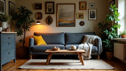 Fototapeta premium Living Room Interior Grey Sofa Gold Frames Plants Wooden Table