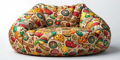 A vibrant, whimsical beanbag chair, adorned with a playful pattern of delicious fruits, vegetables, and sweet treats, offers a comfortable and stylish seating experience for any modern interior.
