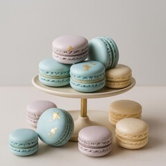 Obraz premium A tower of delicate pastel macarons, kissed with gold leaf for a touch of luxury. The perfect image for high-end bakeries, elegant celebrations, and gourmet dessert menus.