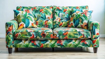 Vibrant Tropical Birds and Lush Foliage Adorn a Comfortable Two-Seater Sofa with Matching Throw Pillows, Perfect for a Relaxing Atmosphere