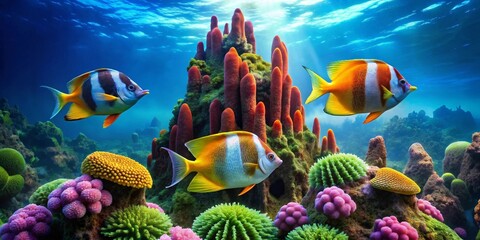 Vibrant Reefscape Three Colorful Fish Gracefully Swim Amidst a Lush Coral Garden, Sunbeams Illuminating the Underwater Scene