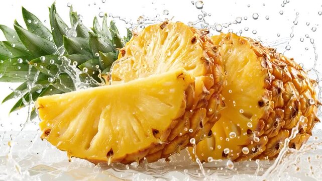 Fresh pineapple slices splashing in water on white background