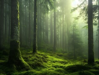 Obraz premium tall mossy trees in enchanted forest with ethereal glow.