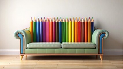 Pastel sofa adorned with a vibrant array of oversized colored pencils, a whimsical and creative home decor scene