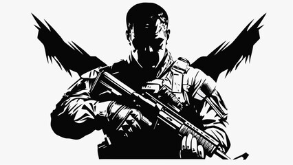 Silhouette illustration of a soldier with a rifle, a vector image depicting a military person, or a graphic of a guitarist playing jazz music