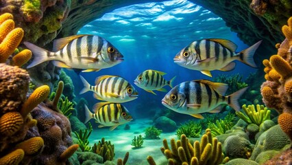 Striped fish school swimming near vibrant underwater coral reef in a cave opening