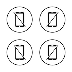 No mobile phone icon set. Do not use smartphone sign. Cellphone ban symbol in circular outline