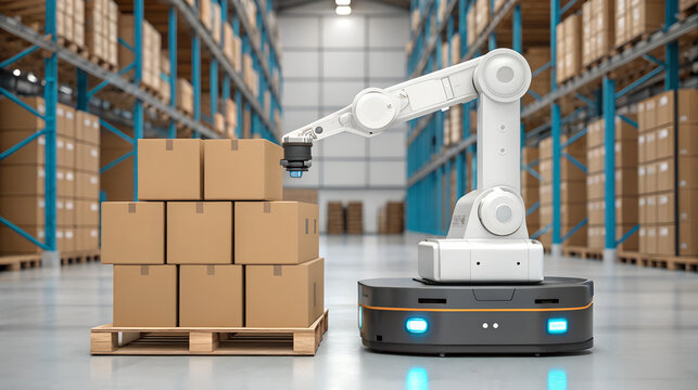 Automated warehouse robot stacking boxes on a pallet