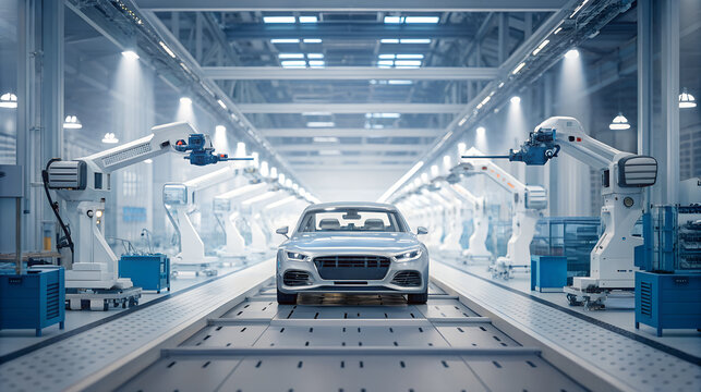 Modern car manufacturing assembly line with robotic arms painting a vehicle - Powered by Adobe