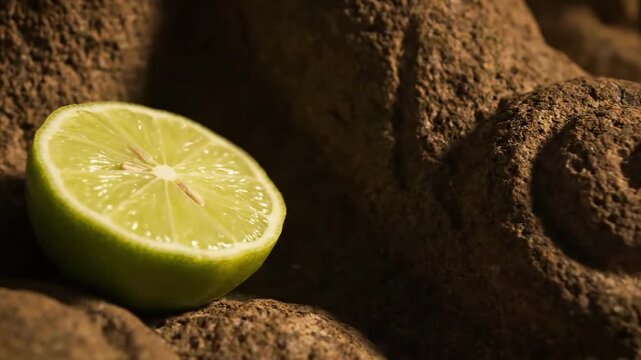 A vibrant, freshly cut lime resting on textured brown rocks, showcasing its juicy interior, with soft natural lighting highlighting the freshness and color, ideal for culinary and beverage uses