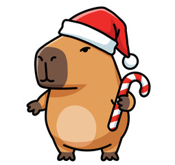 Cute capybara character celebrating Christmas, wearing a Santa hat and holding a candy cane. Festive holiday vector illustration for a greeting card, a party invitation, or a cute winter sticker.