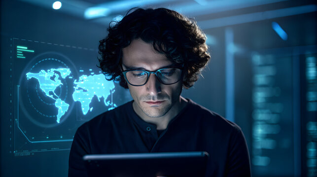 Man in glasses working on tablet with futuristic digital world map display