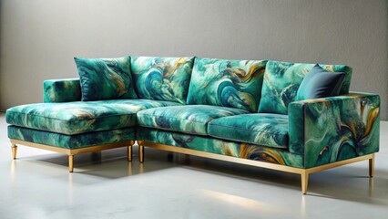 Sophisticated Sectional Sofa with Abstract Teal and Gold Accents in a Modern Interior