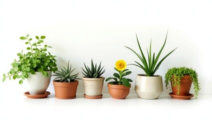Fototapeta premium Six Potted Plants Succulents Sunflower Terracotta and White Pots