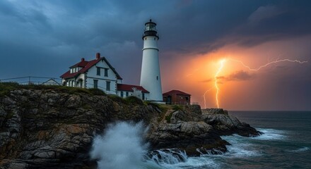 Obraz premium Lightning strikes behind a coastal lighthouse scene