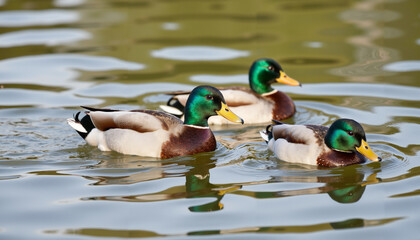 Obraz premium Three male mallard ducks swimming together in a tranquil pond 