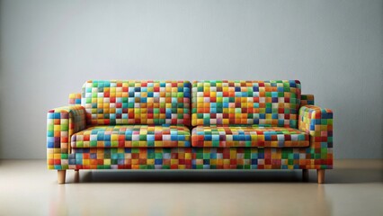 Vibrant Patchwork Sofa in a Modern Minimalist Setting, Ideal for Contemporary Living Spaces